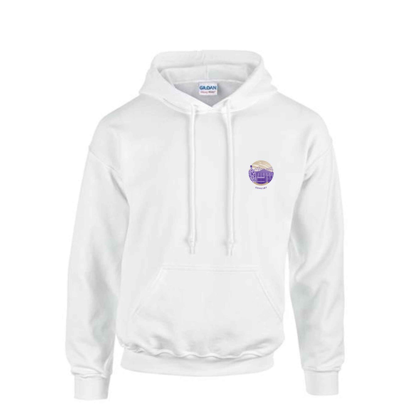 A white leavers hoodie with a printed logo on the chest, featuring a hood and pouch pocket.