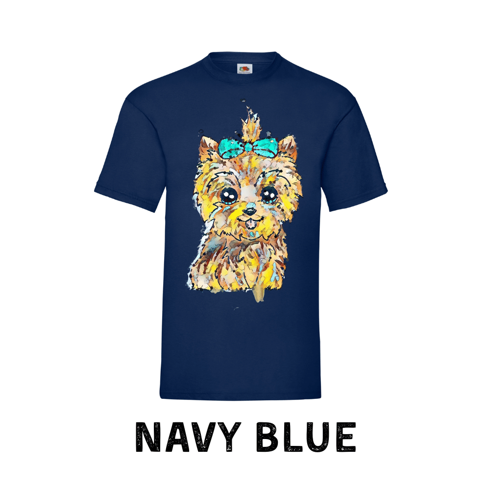 Navy blue t-shirt with a colorful dog graphic on a white background