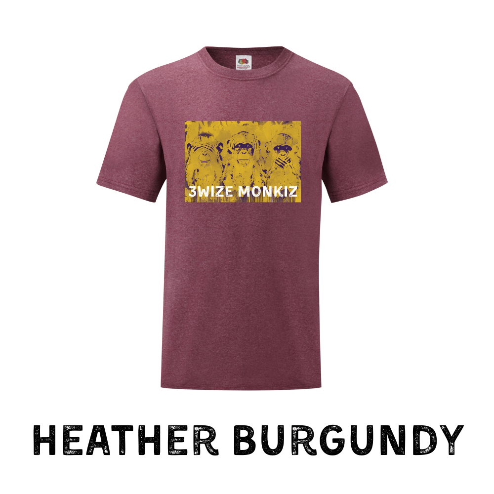 Heather burgundy t-shirt with 3 monkeys yellow graphic and text on a white background