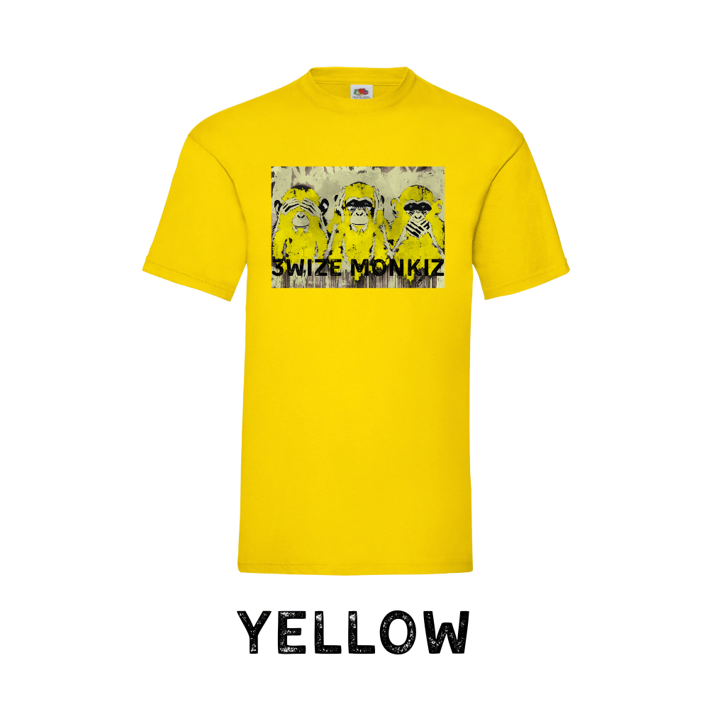 Yellow t-shirt with 3 monkeys graphic design and text on a white background