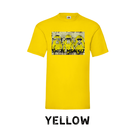 Yellow t-shirt with 3 monkeys graphic design and text on a white background