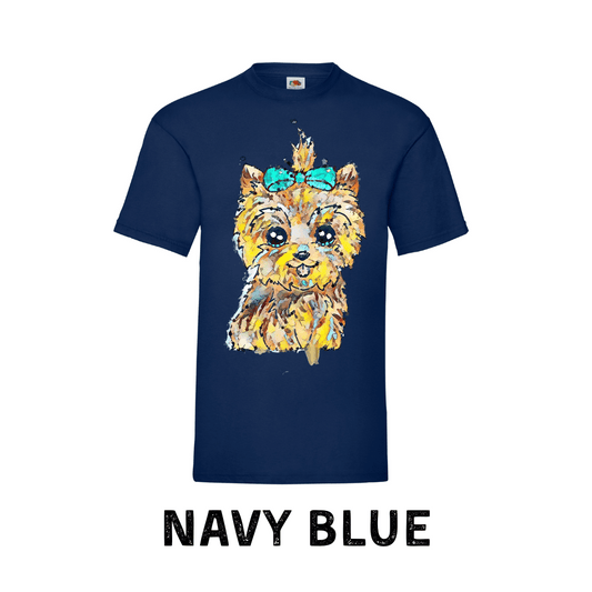 Navy blue t-shirt with a colorful dog graphic on a white background